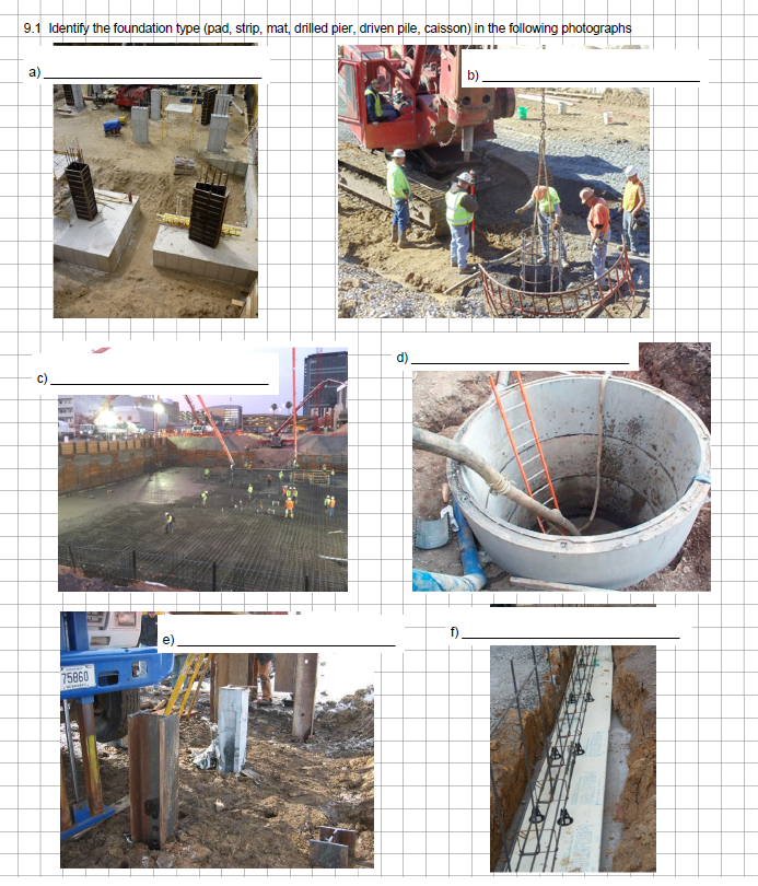 9.1 Identify the foundation type (pad, strip, mat, drilled pier, driven pile, caisson) in the following photographs
75860
f)
b)
H