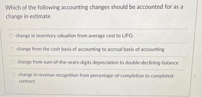 Which of the following accounting changes should be accounted for as a
change in estimate
O change in inventory valuation from average cost to LIFO.
change from the cash basis of accounting to accrual basis of accounting
change from sum-of-the-years-digits depreciation to
double-declining-balance
change in revenue recognition from percentage-of-completion to completed-
contract