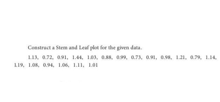 Construct a Stem and Leaf plot for the given data.
1.13, 0.72, 0.91, 1.44, 1.03, 0.88, 0.99, 0.73, 0.91, 0.98, 1.21, 0.79, 1.14,
1.19, 1.08, 0.94, 1.06, 1.11, 1.01
