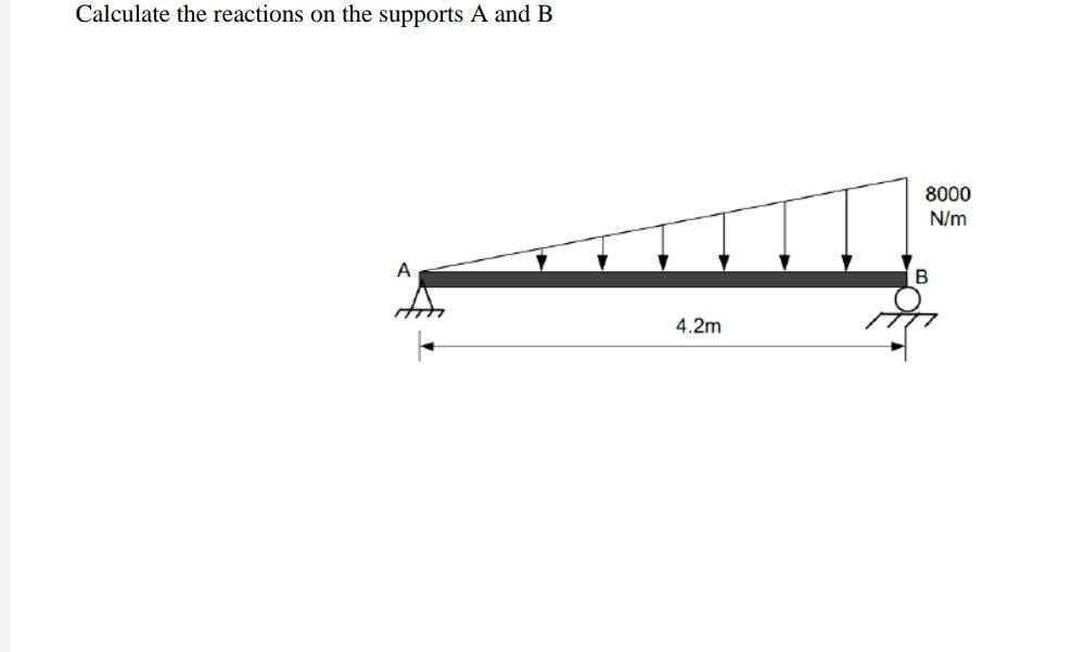 Calculate the reactions on the supports A and B
8000
N/m
B
4.2m
