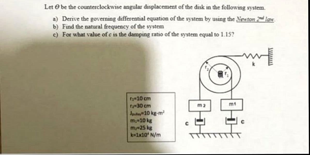 Let e be the counterclockwise angular displacement of the disk in the following system.
a) Derive the governing differential equation of the system by using the Newton 2d law.
b) Find the natural frequency of the system
c) For what value of c is the damping ratio of the system equal to 1.15?
fy-10 cm
f30 cm
m2
m1
Jputey10 kg-m
m;-10 kg
my-25 kg
k-1x10' N/m
