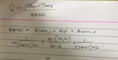O =
Too- Tooz
Rtotal
Rtotal
Rconv, + Rcyl + Rconv, 2
in (12/1)
it
hi
(2世12)n2
2r LK
or
