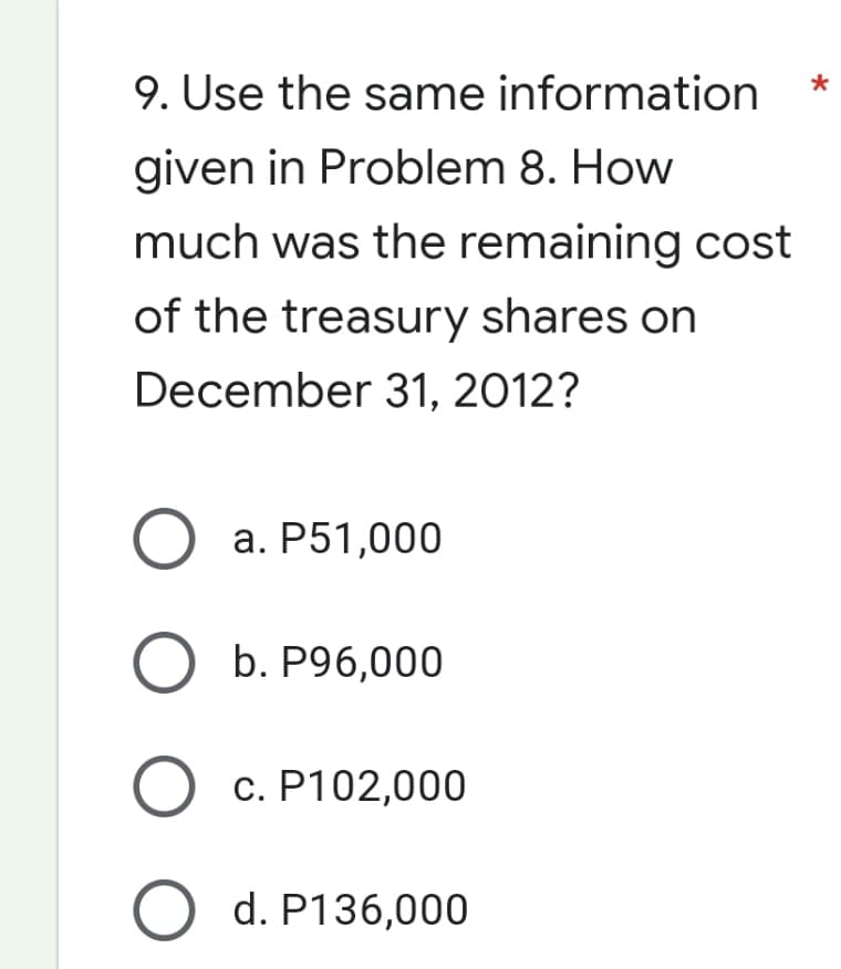 9. Use the same information
given in Problem 8. How
much was the remaining cost
of the treasury shares on
December 31, 2012?
O a. P51,000
O b. P96,000
O c. P102,000
O d. P136,000