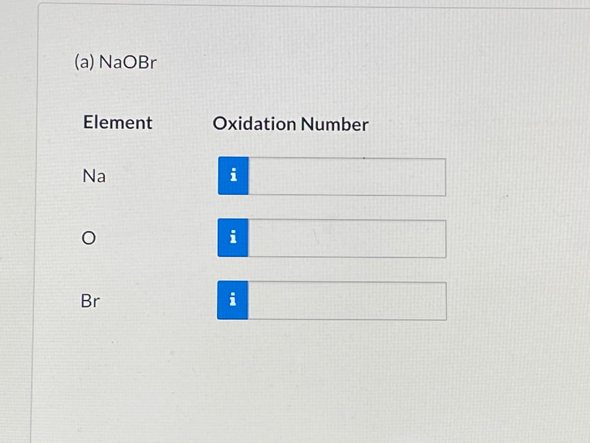 (a) NaOBr
Element
Oxidation Number
Na
Br
i
