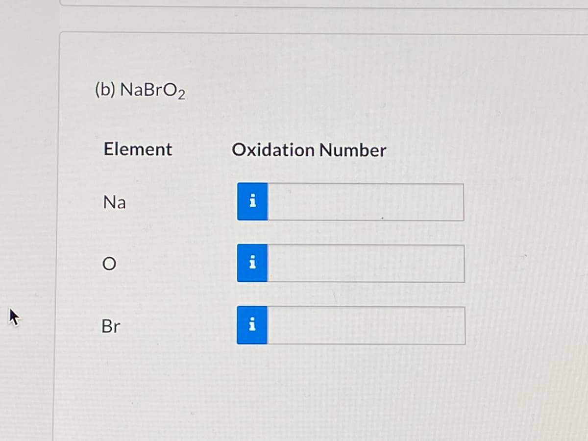 (b) NaBrO2
Element
Oxidation Number
Na
i
Br
i
