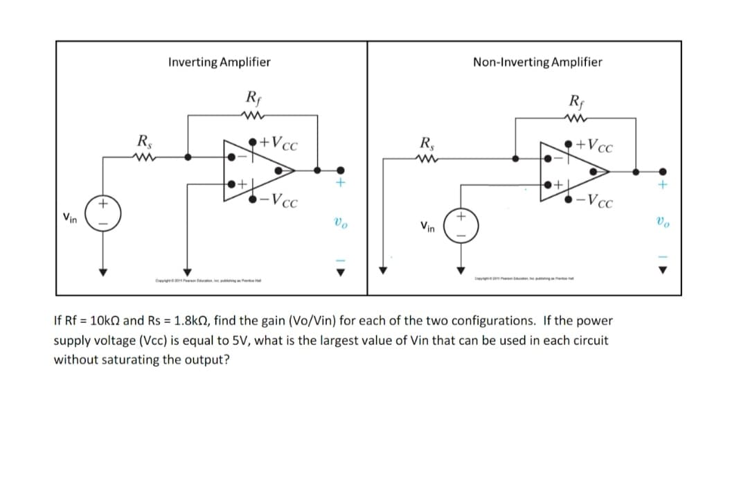 Non-Inverting Amplifier
Inverting Amplifier
Rf
Rf
•+Vcc
•+Vcc
R,
Rs
+
-Vcc
-Vcc
Vo
Vin
Vin
Pn n ng
C ePe tton, in pnnPete
configurations. If the power
If Rf = 10kN and Rs = 1.8kN, find the gain (Vo/Vin) for each of the
supply voltage (Vcc) is equal to 5V, what is the largest value of Vin that can be used in each circuit
without saturating the output?
