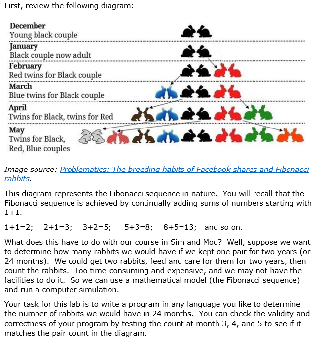 First, review the following diagram:
December
Young black couple
January
Black couple now adult
February
Red twins for Black couple
March
Blue twins for Black couple
April
Twins for Black, twins for Red
May
Twins for Black,
Red, Blue couples
thath
atte
Image source: Problematics: The breeding habits of Facebook shares and Fibonacci
rabbits.
This diagram represents the Fibonacci sequence in nature. You will recall that the
Fibonacci sequence is achieved by continually adding sums of numbers starting with
1+1.
1+1=2; 2+1=3; 3+2=5; 5+3=8; 8+5=13; and so on.
What does this have to do with our course in Sim and Mod? Well, suppose we want
to determine how many rabbits we would have if we kept one pair for two years (or
24 months). We could get two rabbits, feed and care for them for two years, then
count the rabbits. Too time-consuming and expensive, and we may not have the
facilities to do it. So we can use a mathematical model (the Fibonacci sequence)
and run a computer simulation.
Your task for this lab is to write a program in any language you like to determine
the number of rabbits we would have in 24 months. You can check the validity and
correctness of your program by testing the count at month 3, 4, and 5 to see if it
matches the pair count in the diagram.