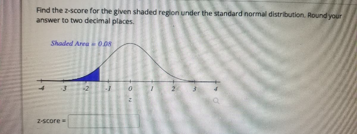 Find the z-score for the given shaded region under the standard normal distribution. Round your
answer to two decimal places.
Shaded Area = 0.08
-2
2
3
Z-Score =
