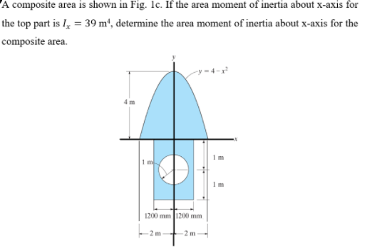 A composite area is shown in Fig. lc. If the area moment of inertia about x-axis for
the top part is I, = 39 m², determine the area moment of inertia about x-axis for the
composite area.
4 m
1m
1 m.
1200 mm |1200 mm
2 m
2 m
