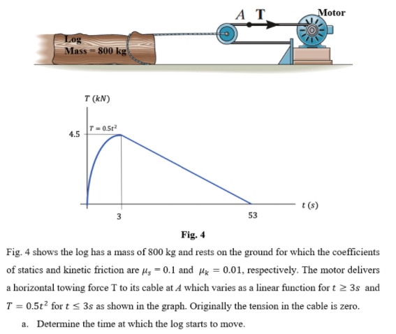 A T
Motor
Log
Mass - 800 kg
T (kN)
T-0.5t
4.5
t (s)
3
53
Fig. 4
Fig. 4 shows the log has a mass of 800 kg and rests on the ground for which the coefficients
of statics and kinetic friction are µ, = 0.1 and Hx = 0.01, respectively. The motor delivers
a horizontal towing force T to its cable at A which varies as a linear function for t 2 3s and
T = 0.5t? for t < 3s as shown in the graph. Originally the tension in the cable is zero.
a. Determine the time at which the log starts to move.
