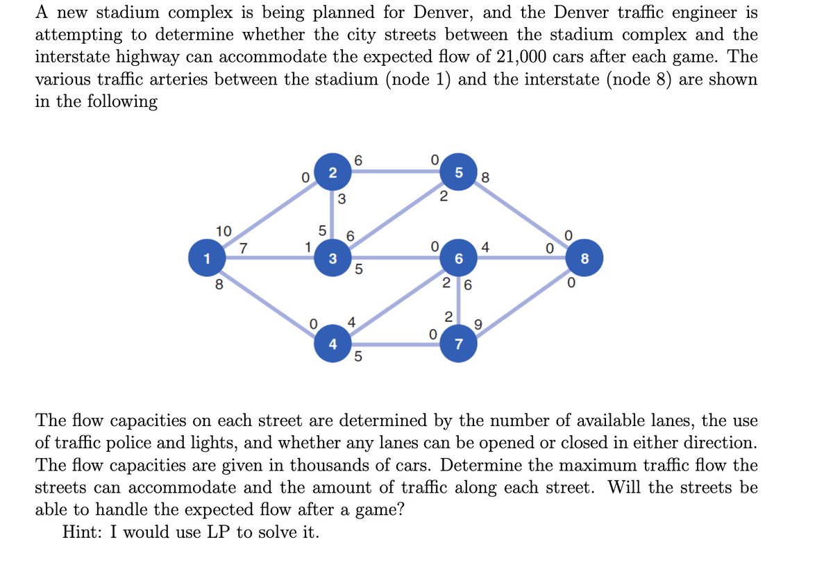 A new stadium complex is being planned for Denver, and the Denver traffic engineer is
attempting to determine whether the city streets between the stadium complex and the
interstate highway can accommodate the expected flow of 21,000 cars after each game. The
various traffic arteries between the stadium (node 1) and the interstate (node 8) are shown
in the following
1
10
8
7
0
1
LO
5
0
N
3
3
4
CO
6
6
LO
5
4
5
0
0
0
2
LO
6
26
2
7
8
4
9
0
0
8
The flow capacities on each street are determined by the number of available lanes, the use
of traffic police and lights, and whether any lanes can be opened or closed in either direction.
The flow capacities are given in thousands of cars. Determine the maximum traffic flow the
streets can accommodate and the amount of traffic along each street. Will the streets be
able to handle the expected flow after a game?
Hint: I would use LP to solve it.