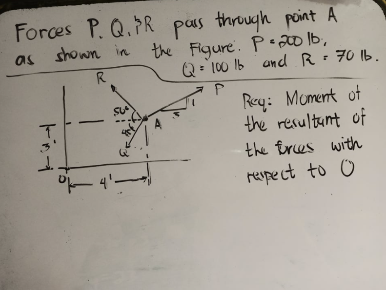 Forces P. Q.FR pas through point A
shown in the Figure. P 0 lb,
as
R
Q= 100 lb and R= 70 lb.
Rey: Moment ot
the resultunt of
3'
the fres with
- 4'-
respect to O

