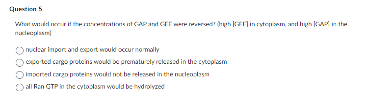 Question 5
What would occur if the concentrations of GAP and GEF were reversed? (high [GEF] in cytoplasm, and high [GAP] in the
nucleoplasm)
nuclear import and export would occur normally
exported cargo proteins would be prematurely released in the cytoplasm
imported cargo proteins would not be released in the nucleoplasm
all Ran GTP in the cytoplasm would be hydrolyzed