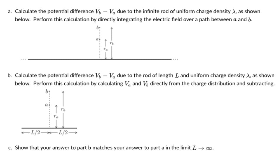 a. Calculate the potential difference V, - Va due to the infinite rod of uniform charge density A, as shown
below. Perform this calculation by directly integrating the electric field over a path between a and b.
b. Calculate the potential difference V, – Va due to the rod of length L and uniform charge density A, as shown
below. Perform this calculation by calculating V, and V, directly from the charge distribution and subtracting.
b:
-L/2 L/2→
c. Show that your answer to part b matches your answer to part a in the limit L → 00.
