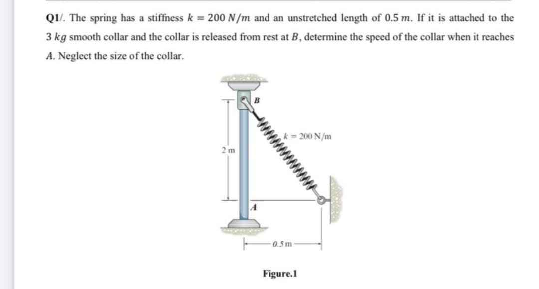 Q1/. The spring has a stiffness k = 200 N /m and an unstretched length of 0.5 m. If it is attached to the
3 kg smooth collar and the collar is released from rest at B, determine the speed of the collar when it reaches
A. Neglect the size of the collar.
B
k= 200 N/m
2 m
0.5 m
Figure.1
