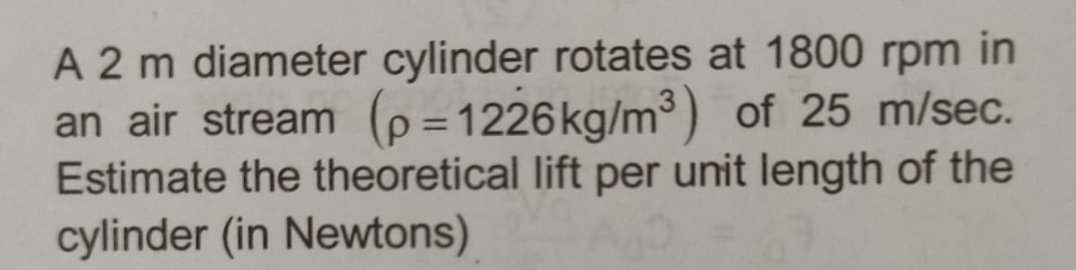 A 2 m diameter cylinder rotates at 1800 rpm in
an air stream (p=1226 kg/m³) of 25 m/sec.
Estimate the theoretical lift per unit length of the
cylinder (in Newtons) Ajo