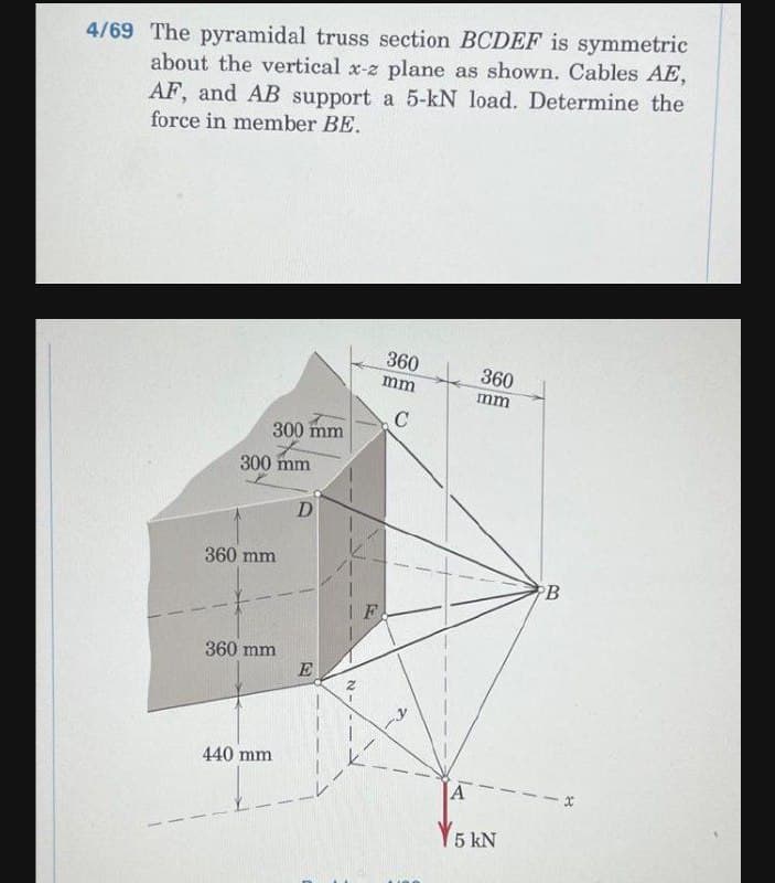 4/69 The pyramidal truss section BCDEF is symmetric
about the vertical x-z plane as shown. Cables AE,
AF, and AB support a 5-kN load. Determine the
force in member BE.
360
360
mm
mm
C
300 mm
300 mm
D
360 mm
PB
I F
360 mm
E
440 mm
Y5 kN
