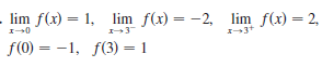 lim f(x) = 1, lim f(x)= -2, lim f(x) = 2,
%3D
f(0) = -1, f(3) = 1
