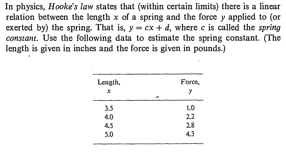 In physics, Hooke's law states that (within certain limits) there is a linear
relation between the length x of a spring and the force y applied to (or
exerted by) the spring. That is, y = cx + d, where c is called the spring
constant. Use the following data to estimate the spring constant. (The
length is given in inches and the force is given in pounds.)
Length,
Force,
y
1.0
3.5
2.2
4.0
2.8
4.5
4.3
5.0
