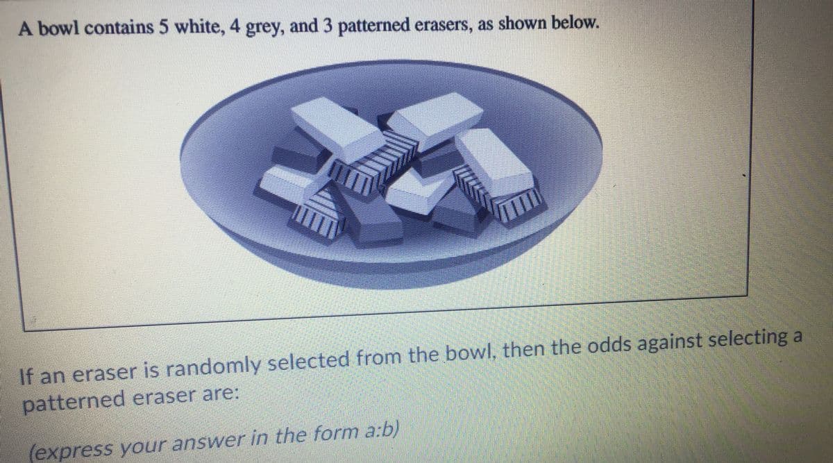 A bowl contains 5 white, 4 grey, and 3 patterned erasers, as shown below.
If an eraser is randomly selected from the bowl, then the odds against selecting a
patterned eraser are:
(express your answer in the form a:b)
