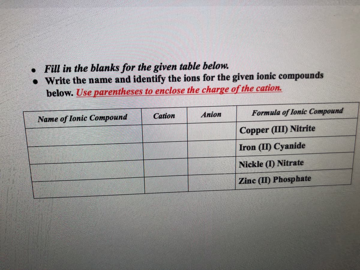 • Fill in the blanks for the given table below.
• Write the name and identify the ions for the given ionic compounds
below. Use parentheses to enclose the charge of the cation.
Name of Ionic Compound
Cation
Anion
Formula of Ionic Compound
Copper (III) Nitrite
Iron (II) Cyanide
Nickle (I) Nitrate
Zinc (II) Phosphate
