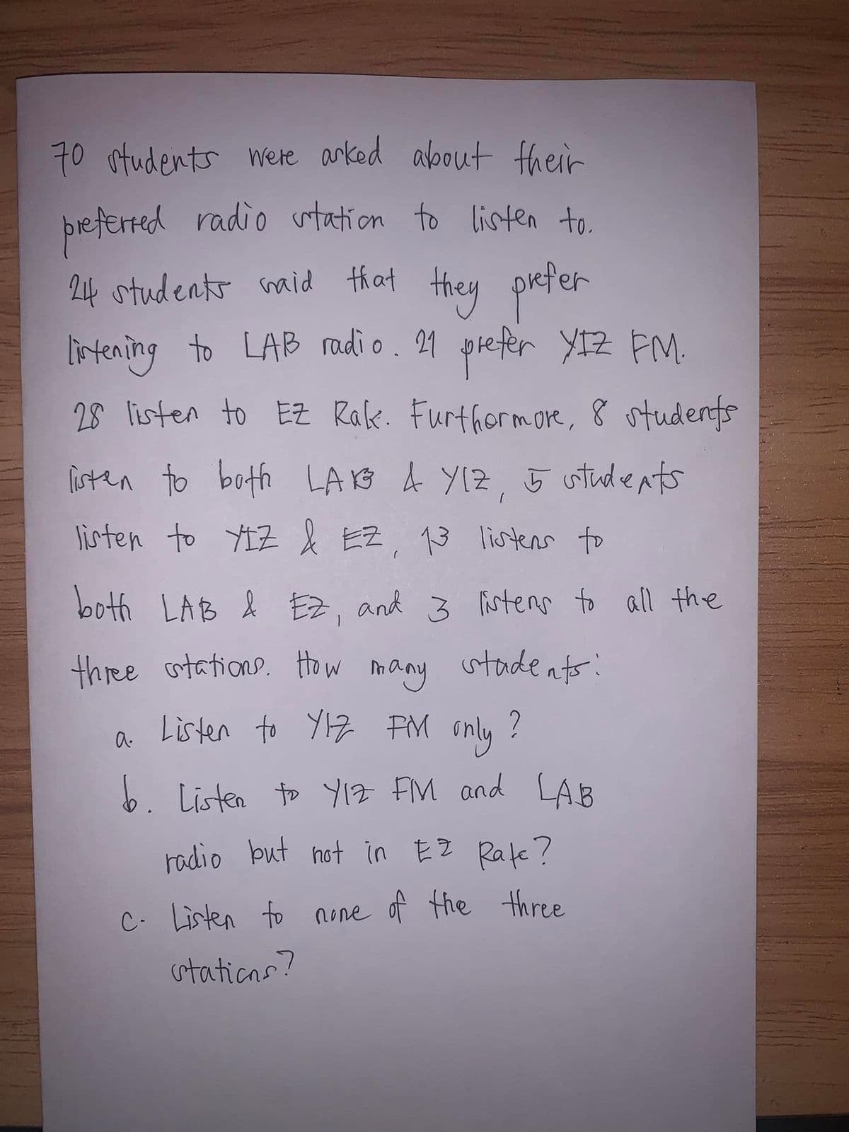 70 students were arked about their
pretered radio utation to listen to
24 otudents maid that they prefer
they preter
lintening to LAB mdi o. 21 prefer YI2 FM.
28 listen to EZ Rake. Furthormor, 8 otudenfs
listen to both LAKG A Y1Z, 5 othdents
listen to YtZ l EZ, 13 listens to
both LAB & Ez, and 3 listens to all the
three cotations. How many stade nts:
a.
a Listen to Y7 PM only ?
6. Listen to YI1Z FM and LAB
radio but hot in EZ Rafe?
C. Listen to none of the three
stations?
