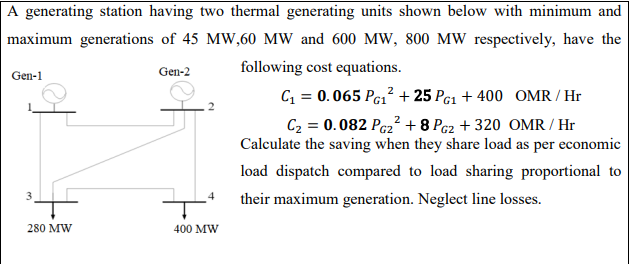 A generating station having two thermal generating units shown below with minimum and
maximum generations of 45 MW,60 MW and 600 MW, 800 MW respectively, have the
Gen-2
following cost equations.
Gen-1
C, = 0.065 Pc1? + 25 Pc1 + 400 OMR / Hr
C2 = 0.082 Pc2² + 8 Pc2 + 320 OMR / Hr
Calculate the saving when they share load as per economic
load dispatch compared to load sharing proportional to
their maximum generation. Neglect line losses.
280 MW
400 MW
