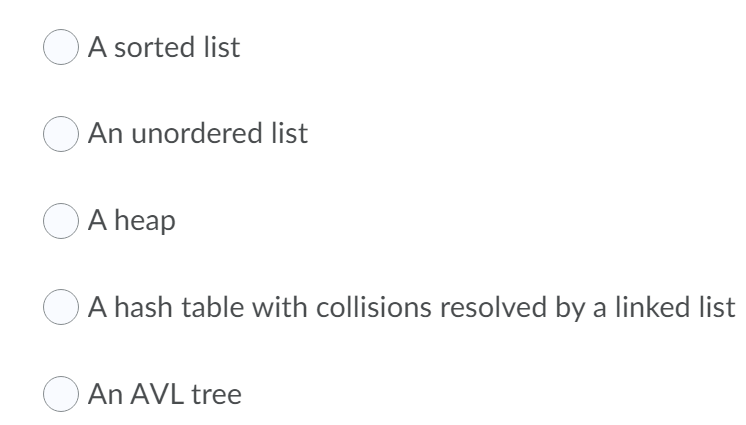 O A sorted list
An unordered list
OA heap
OA hash table with collisions resolved by a linked list
An AVL tree
