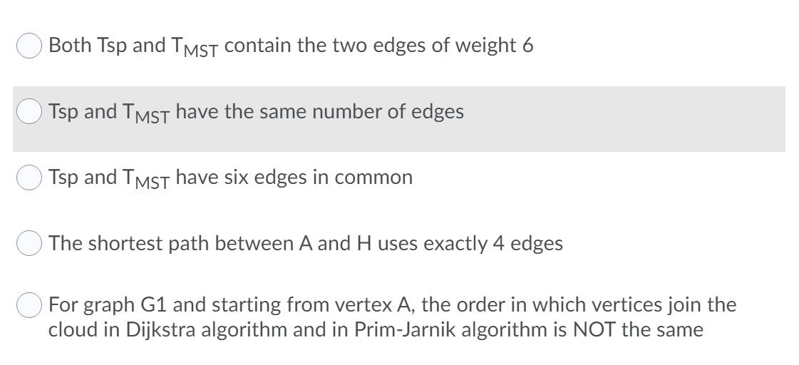 Both Tsp and TMST Contain the two edges of weight 6
Tsp and TMST have the same number of edges
Tsp and TMST have six edges in common
The shortest path between A and H uses exactly 4 edges
For graph G1 and starting from vertex A, the order in which vertices join the
cloud in Dijkstra algorithm and in Prim-Jarnik algorithm is NOT the same
