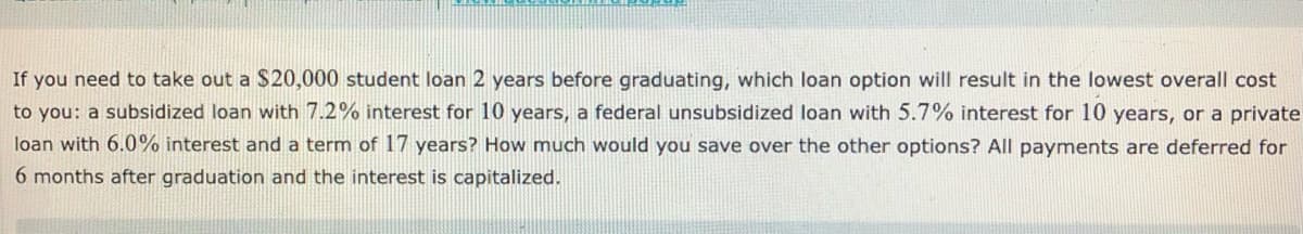 If you need to take out a $20,000 student loan 2 years before graduating, which loan option will result in the lowest overall cost
to you: a subsidized loan with 7.2% interest for 10 years, a federal unsubsidized loan with 5.7% interest for 10 years, or a private
loan with 6.0% interest and a term of 17 years? How much would you save over the other options? All payments are deferred for
6 months after graduation and the interest is capitalized.
