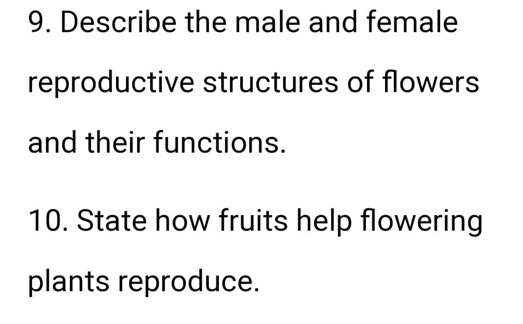 9. Describe the male and female
reproductive structures of flowers
and their functions.
10. State how fruits help flowering
plants reproduce.