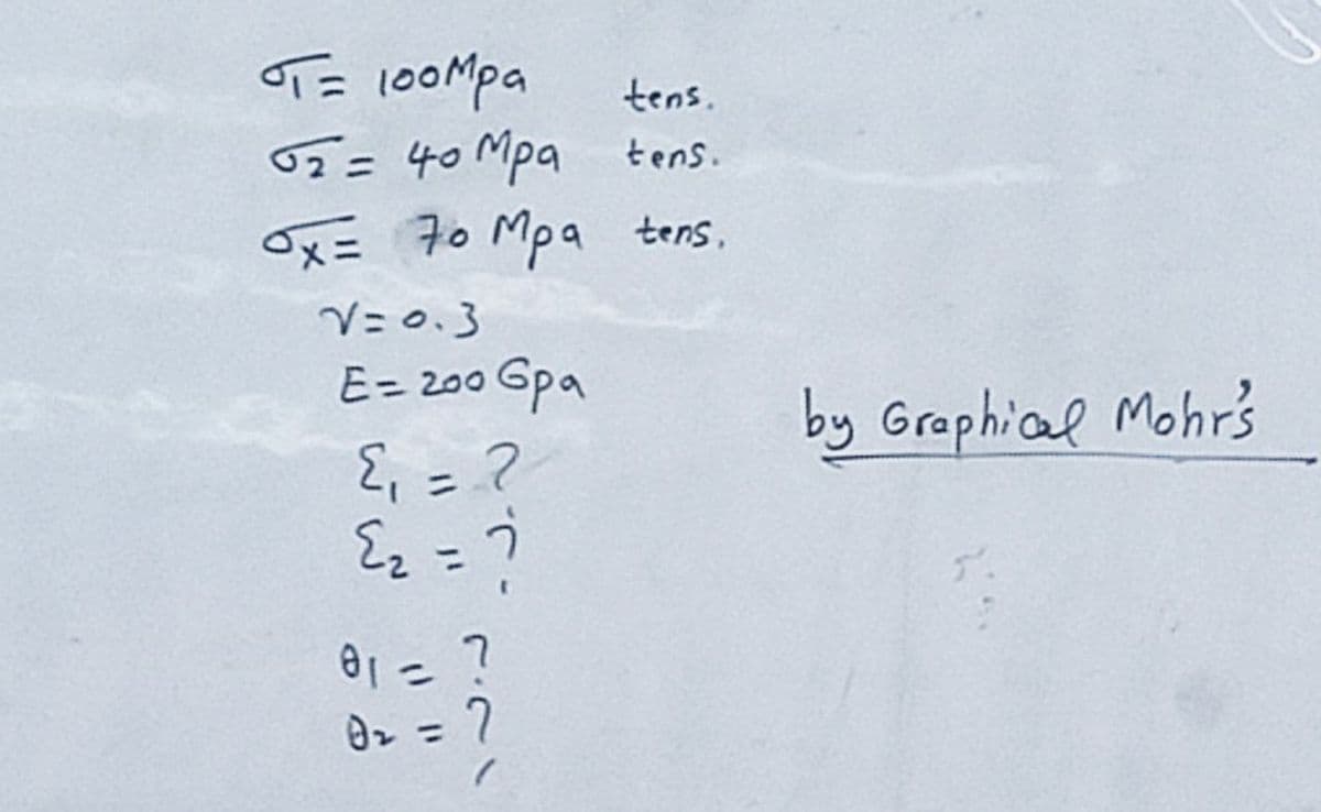 oT = 100Mpa
62= 40 Mpa
Ox= 70 Mpa tens.
tens.
tens.
V=0.3
E= 200 Gpa
by Graphial Mohr's
E, = ?
ニ
%3D
