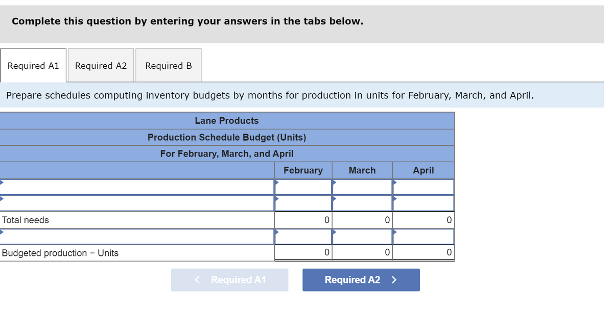 Complete this question by entering your answers in the tabs below.
Required A1 Required A2 Required B
Prepare schedules computing inventory budgets by months for production in units for February, March, and April.
Total needs
Budgeted production - Units
Lane Products
Production Schedule Budget (Units)
For February, March, and April
Required A1
February
0
0
March
Required A2
0
0
April
0
0