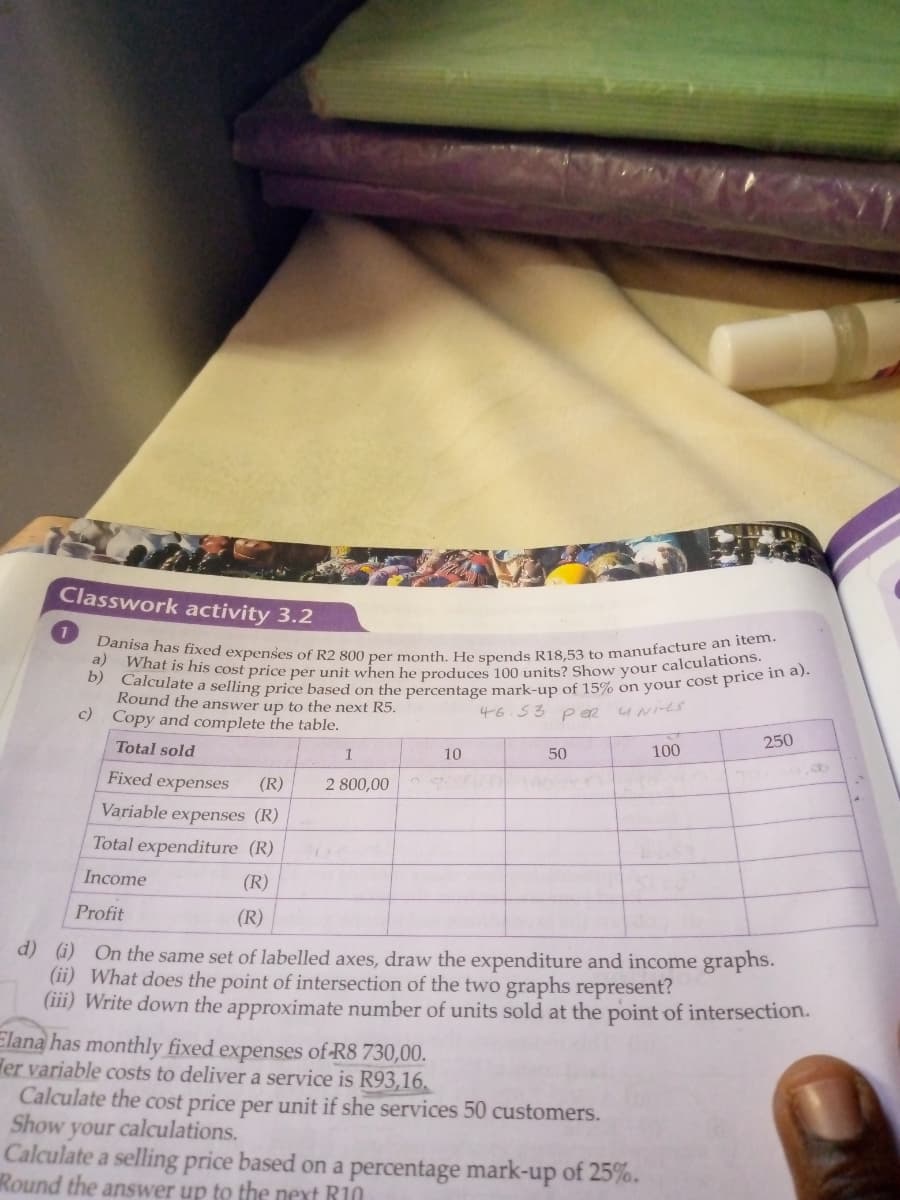 Danisa has fixed expenses of R2 800 per month. He spends R18,53 to manufacture an item.
b) Calculate a selling price based on the percentage mark-up of 15% on your cost price in a).
What is his cost price per unit when he produces 100 units? Show your calculations.
Classwork activity 3.2
a)
Round the answer up to the next R5.
c) Copy and complete the table.
46.53 peR
UNILS
250
Total sold
100
10
50
Fixed expenses
(R)
2 800,00
Variable expenses (R)
Total expenditure (R)
Income
(R)
Profit
(R)
d) (i) On the same set of labelled axes, draw the expenditure and income graphs.
(ii) What does the point of intersection of the two graphs represent?
(iii) Write down the approximate number of units sold at the point of intersection.
Elana has monthly fixed expenses of R8 730,00.
er variable costs to deliver a service is R93,16.
Calculate the cost price per unit if she services 50 customers.
Show your calculations.
Calculate a selling price based on a percentage mark-up of 25%.
Round the answer up to the next R10
