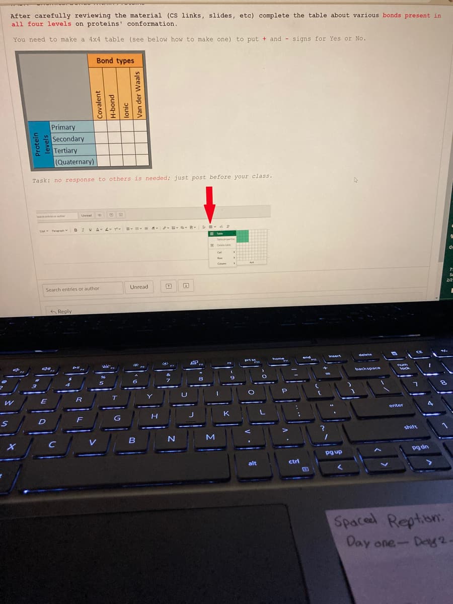 After carefully reviewing the material (CS links, slides, etc) complete the table about various bonds present in
all four levels on proteins' conformation.
You need to make a 4x4 table (see below how to make one) to put + and - signs for Yes or No.
Bond types
Primary
Secondary
Tertiary
(Quaternary)
Task: no response to others is needed; just post before your class.
Searchentries hon
Unread
12t
Parrah
BIVA Ev Tv
v v め▼ レm 2
E Te
Tale ppertie
K Delete
Cel
Row
Calum
Su
Search entries or author
Unread
2/2
6 Reply
sert
delete
home
end
prt se
Tum
backspace
tock
%23
5
T
Y
E
enter
F
H
K
D
shift
C
V
B
N
pg dn
pg up
alt
ctrl
Spaced Reption.
Day one- Da82
Protein
levels
Covalent
puoq-H
lonic
Van der Waals

