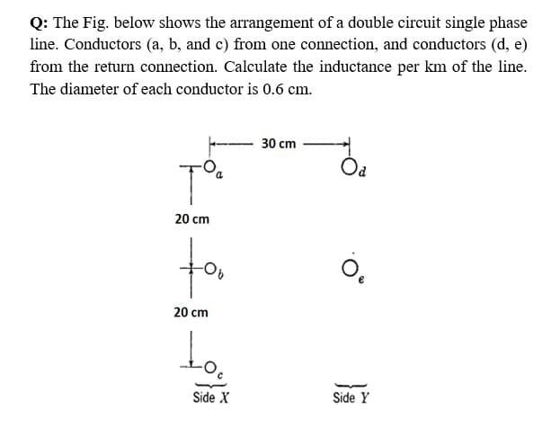 Q: The Fig. below shows the arrangement of a double circuit single phase
line. Conductors (a, b, and c) from one connection, and conductors (d, e)
from the return connection. Calculate the inductance per km of the line.
The diameter of each conductor is 0.6 cm.
30 cm
20 cm
20 cm
Side X
Side Y
