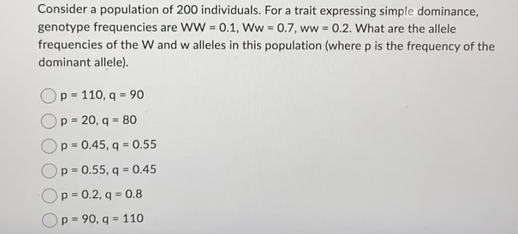 Consider a population of 200 individuals. For a trait expressing simple dominance,
genotype frequencies are WW = 0.1, Ww= 0.7, ww = 0.2. What are the allele
frequencies of the W and w alleles in this population (where p is the frequency of the
dominant allele).
p = 110, q = 90
p = 20, q = 80
p = 0.45, q = 0.55
p = 0.55, q = 0.45
p = 0.2, q = 0.8
p = 90, q = 110