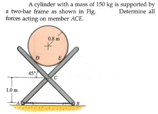 A cylinder with a mass of 150 kg is supported by
a two-bar frame as shown in Fig.
forces acting on member ACE.
Determine all
0.8 m
E
45°
1.0 m
