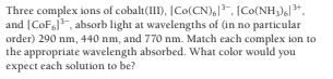 Three complex ions of cobalt(III), [Co(CN),]?-, [Co(NH;),]*,
and (CoF, absorb light at wavelengths of (in no particular
order) 290 nm, 440 nm, and 770 nm. Match each complex ion to
the appropriate wavelength absorbed. What color would you
expect each solution to be?
