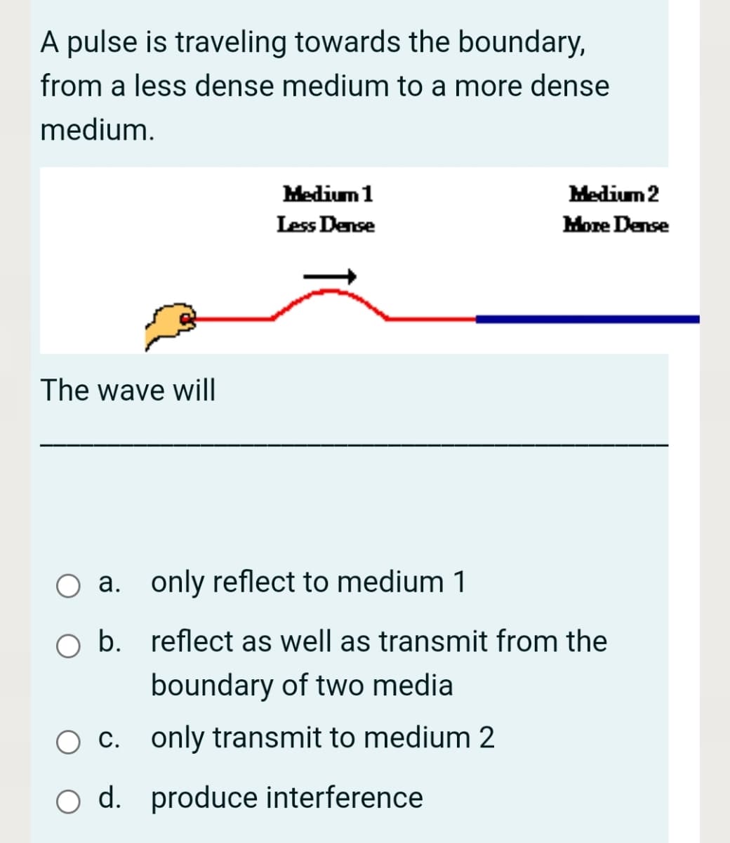 A pulse is traveling towards the boundary,
from a less dense medium to a more dense
medium.
Medium 1
Medium 2
Less Dense
More Dense
The wave will
a. only reflect to medium 1
O b. reflect as well as transmit from the
boundary of two media
c. only transmit to medium 2
d. produce interference

