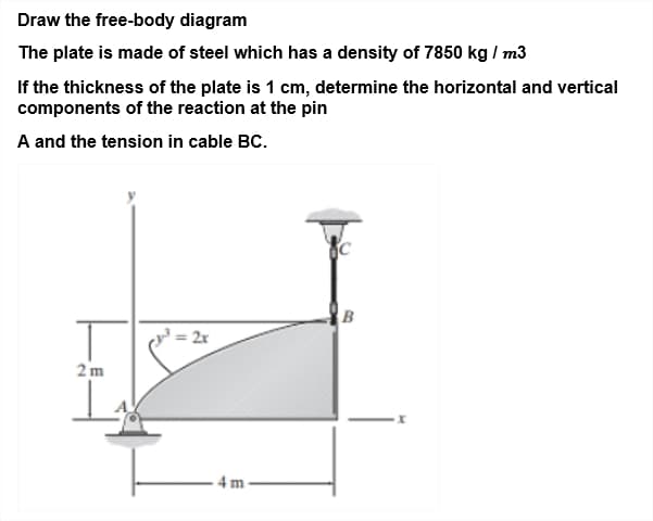 Draw the free-body diagram
The plate is made of steel which has a density of 7850 kg / m3
If the thickness of the plate is 1 cm, determine the horizontal and vertical
components of the reaction at the pin
A and the tension in cable BC.
B
cd = 2x
2 m
4 m
