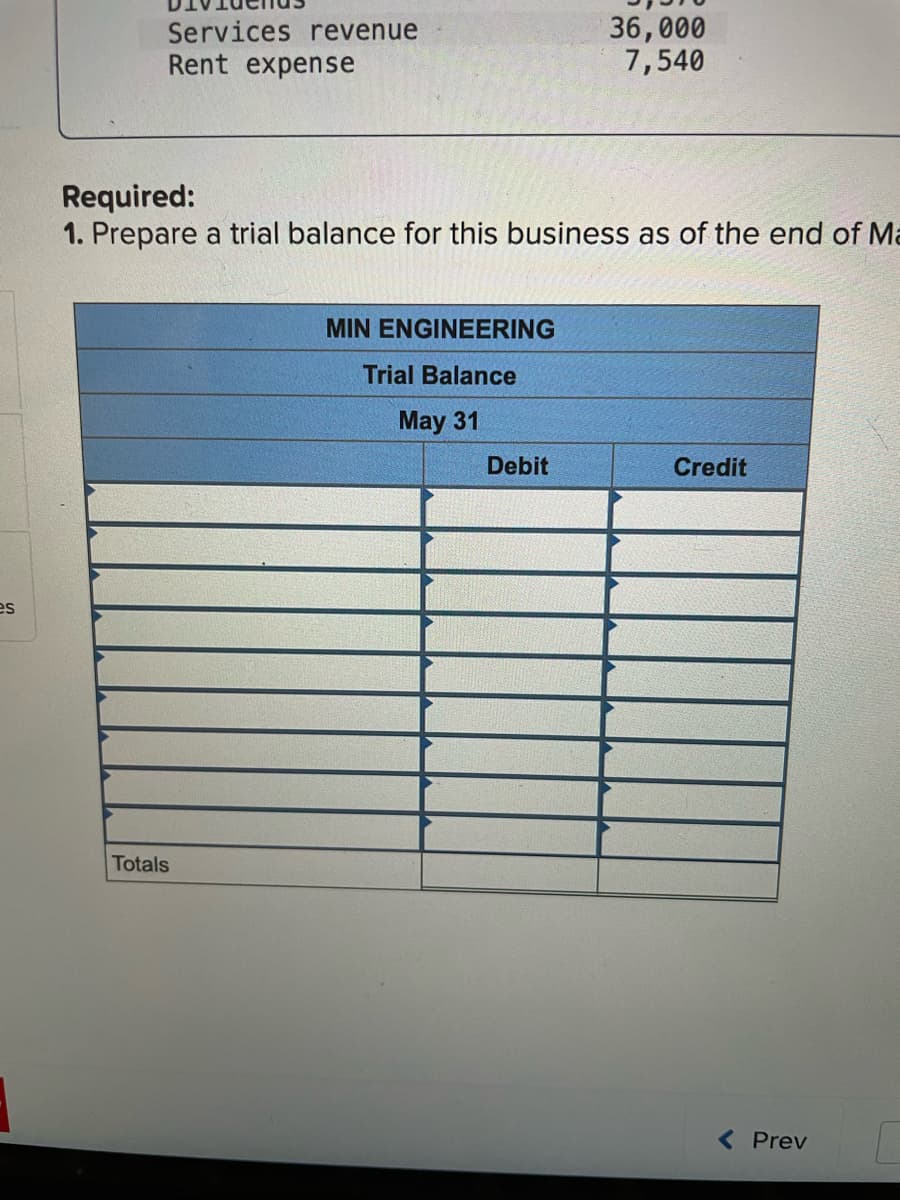 Services revenue
Rent expense
36,000
7,540
Required:
1. Prepare a trial balance for this business as of the end of Ma
MIN ENGINEERING
Trial Balance
May 31
Debit
Credit
es
Totals
( Prev
