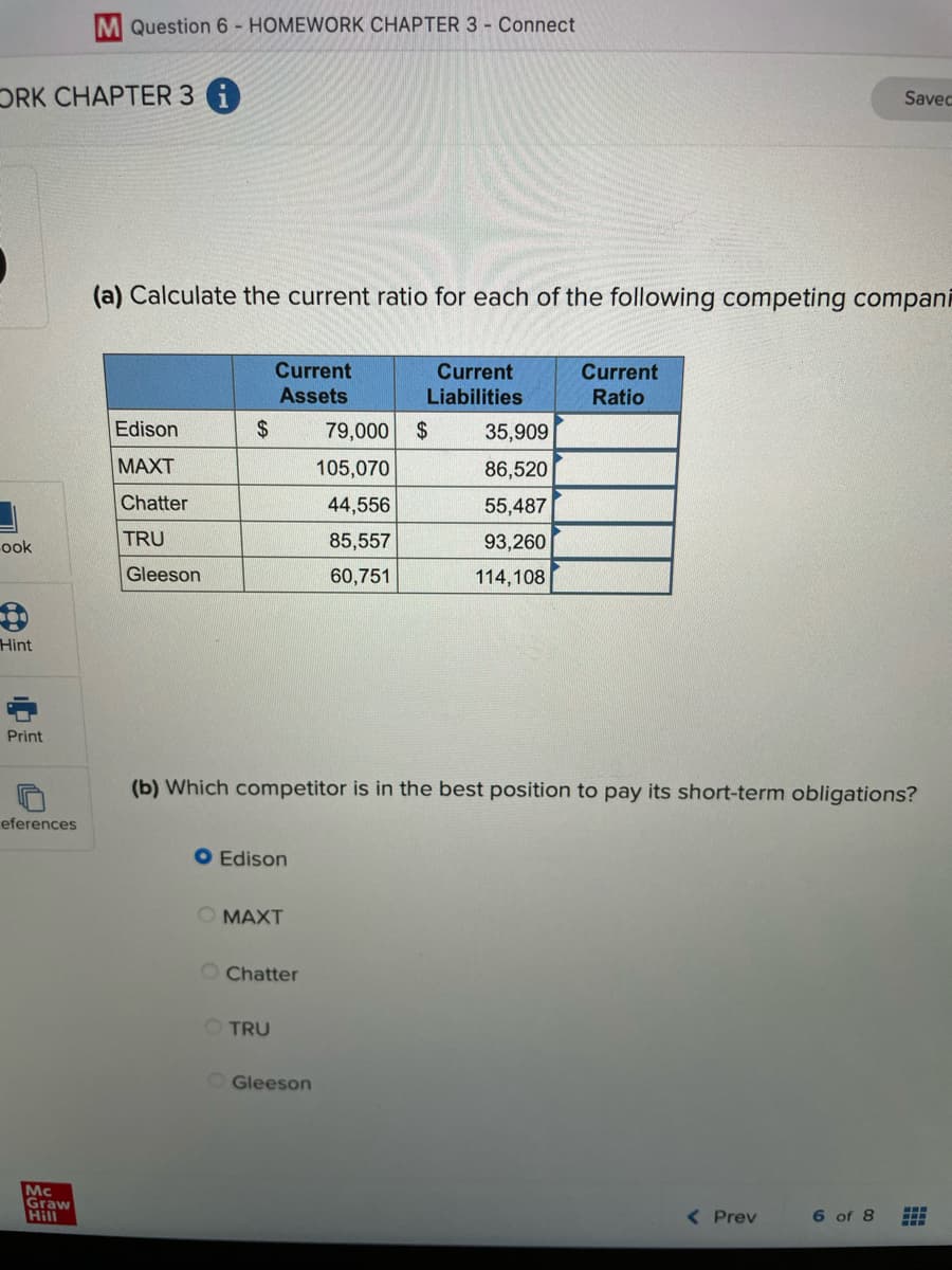 M Question 6 - HOMEWORK CHAPTER 3 - Connect
DRK CHAPTER 3 i
Savec
(a) Calculate the current ratio for each of the following competing compani
Current
Current
Current
Ratio
Assets
Liabilities
Edison
$
79,000
35,909
MAXT
105,070
86,520
Chatter
44,556
55,487
ook
TRU
85,557
93,260
Gleeson
60,751
114,108
Hint
Print
(b) Which competitor is in the best position to pay its short-term obligations?
eferences
O Edison
O MAXT
O Chatter
O TRU
O Gleeson
Mc
Graw
Hill
( Prev
6 of 8
中
