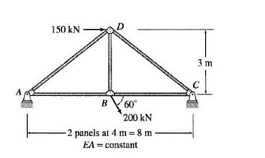 150 kN
3 m
A
BV60°
200 kN
-2 panels at 4 m 8 m -
EA = constant
