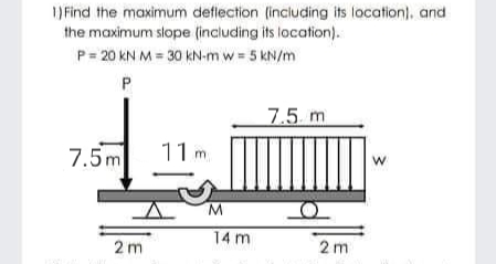 ) Find the maximum deflection (including its location), and
the maximum slope (including its location).
P= 20 kN M = 30 kN-m w = 5 kN/m
P
7.5. m
7.5m
11 m
14 m
2 m
2 m
