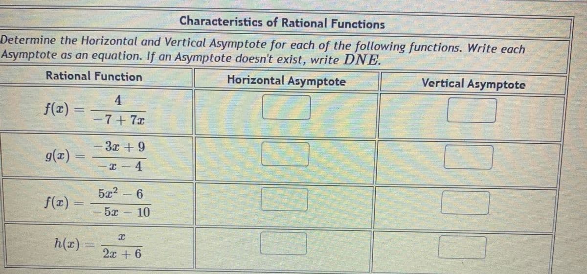 Characteristics of Rational Functions
Determine the Horizontal and Vertical Asymptote for each of the following functions. Write each
Asymptote as an equation. If an Asymptote doesn't exist, write DNE.
Rational Function
Horizontal Asymptote
Vertical Asymptote
4
f(x)
-7+7x
3a +9
g(x)
-T -4
5x2 - 6
f(r) :
%3D
-5x
10
h(x)
%3D
2x + 6
