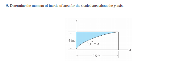 9. Determine the moment of inertia of area for the shaded area about the y axis.
4 in.
= x
16 in.
