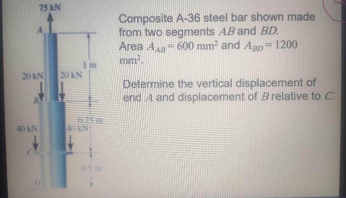 75 kN
Composite A-36 steel bar shown made
from two segments AB and BD.
Area A= 600 mm² and Agp=1200
mm.
20 kN
20 kN
Determine the vertical displacement of
end A and displacement of B relative to C.
主
40 KN
40 KN
05 m
