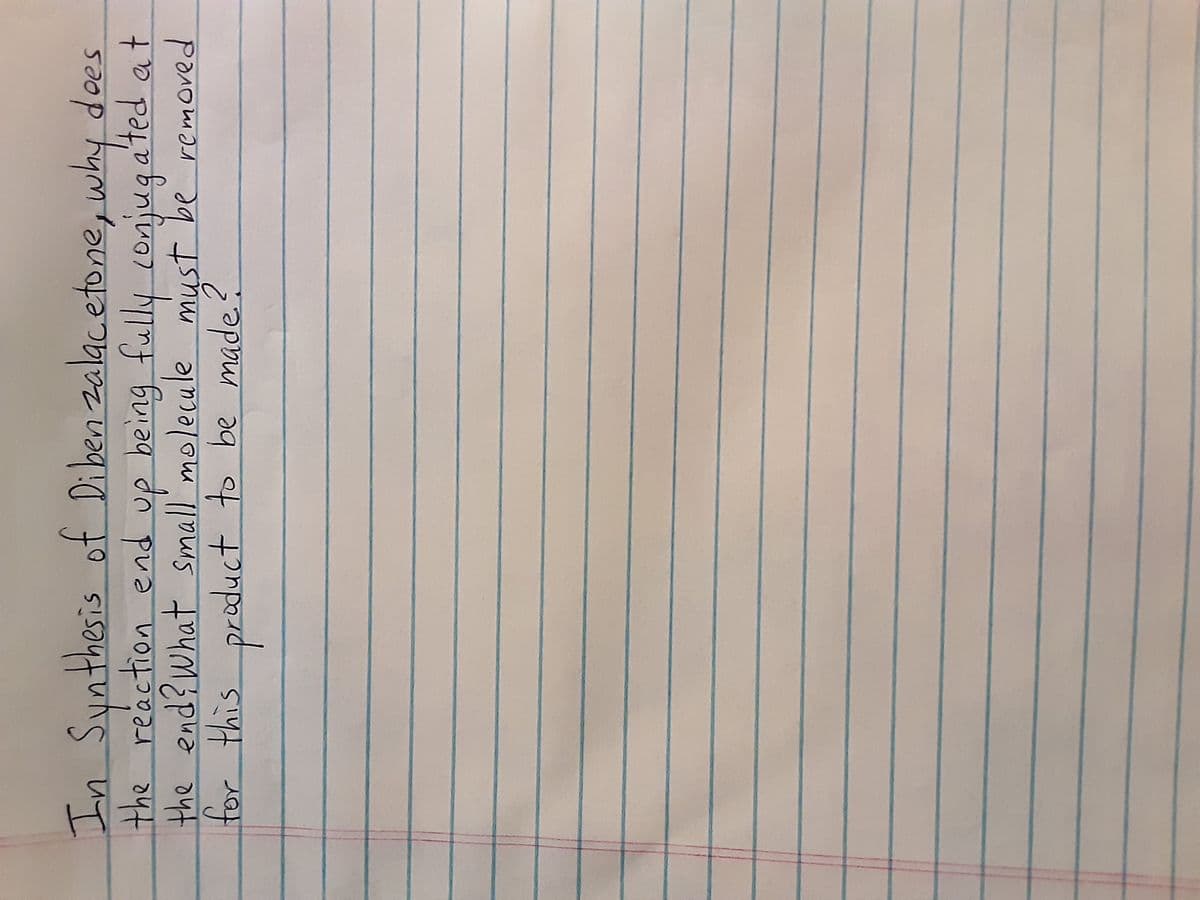 In Synthesis of Diben zalacetone, why does
the reaction end up being fully conjugated at
pua volt?
बेल
the end?What small' molecule must be removed
for this product to be made?
