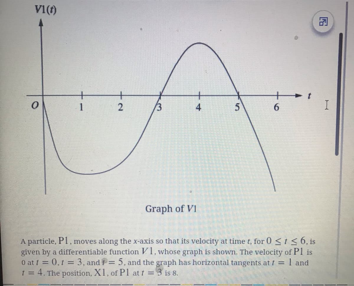 VI(f)
+
1
+
+
/3
Graph of V1
A particle, P1, moves along the x-axis so that its velocity at time t, for 0 <t < 6, is
given by a differentiable function V1, whose graph is shown. The velocity of Pl is
0 at t = 0,1 = 3, and t= 5, and the graph has horizontal tangents at 1 =
1 = 4. The position, X1, of P1 at t = 3 is 8.
1 and
4-
